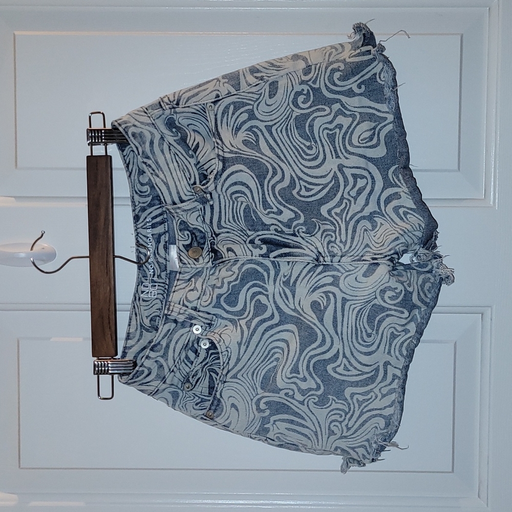 High waisted light wash denim shorts, marble print for women